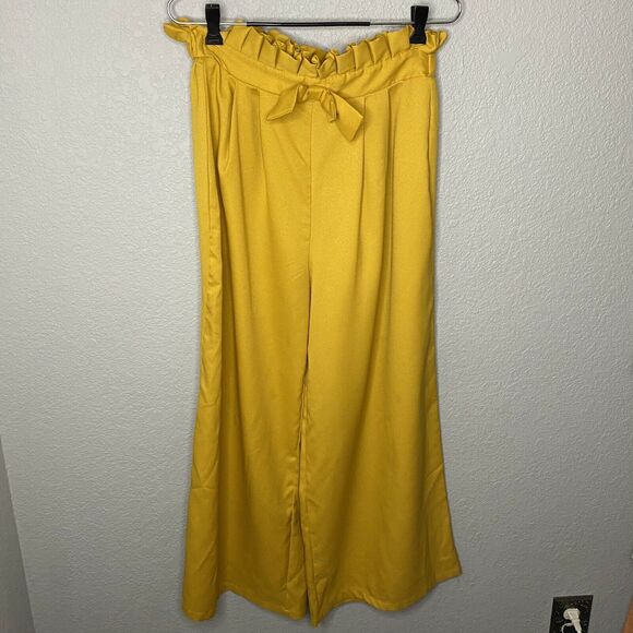 Shein Mustard Yellow Paperbag Waist Bow Detail Culotte Pants Size Medium - Picture 3 of 8